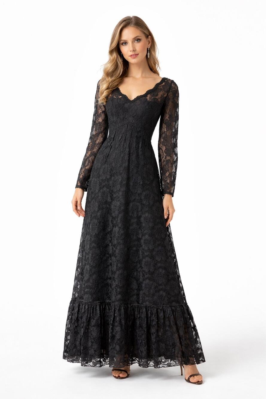 1970s Handmade Black Lace Maxi Dress Scalloped Hem Empire Waist small
